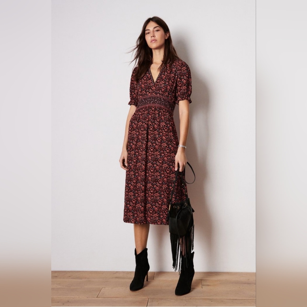 ba&sh Molly Black and Red Wrap Midi Dress with Puff Sleeves